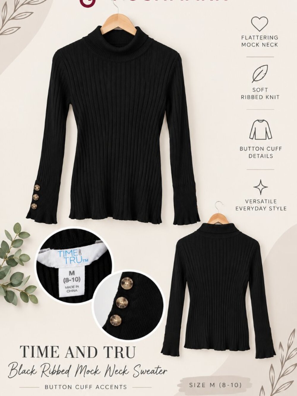 Time and Tru Black WTime ide Ribbed Mock Neck Sweater Button Cuff Accents Medium